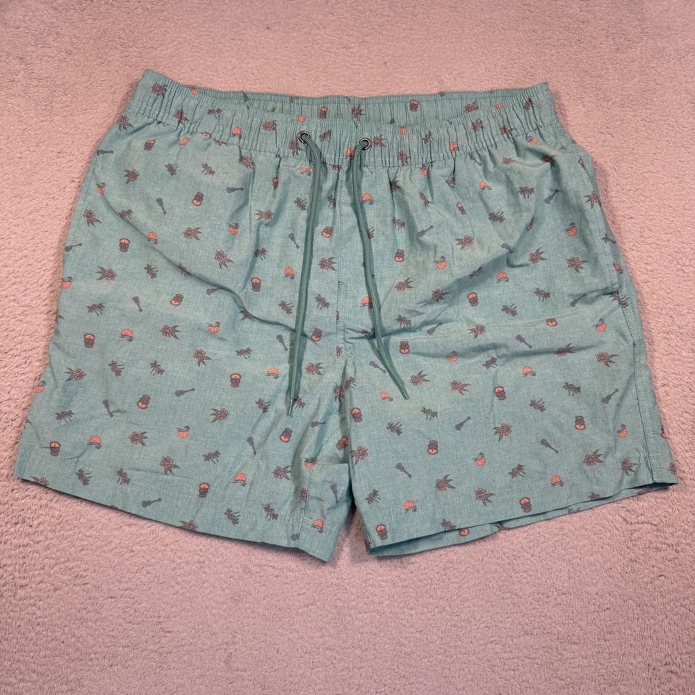 ROWM Swim Trunks Mens Large Teal Tiki Palm Tree Ukulele Print Mesh Lined Shorts‎